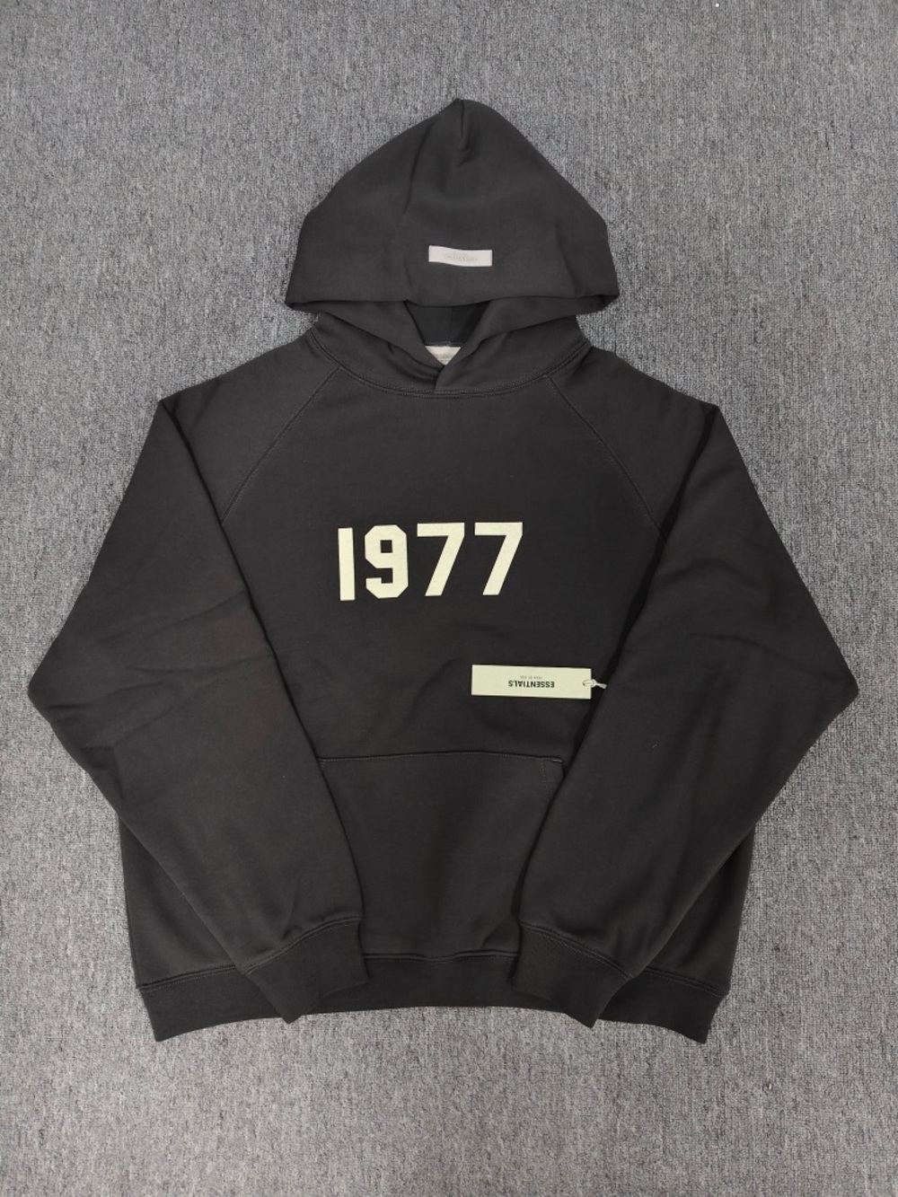 Essentials Black Hoodie with Cream 1977 Chest Print